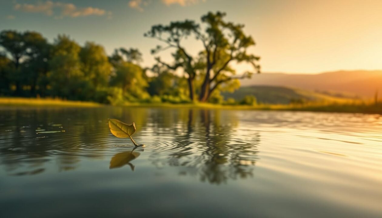 A serene and introspective landscape, with a striking visual metaphor for the ecological footprint. In the foreground, a delicate and fragile leaf floats on the surface of a tranquil pond, casting a faint shadow that extends outwards, symbolizing the far-reaching impact of human activity. The middle ground features a lush, verdant forest, its canopy of trees reaching up towards the sky, suggesting the natural world's resilience and the potential for harmony. The background is dominated by rolling hills and a distant horizon, bathed in a warm, golden light that imbues the scene with a sense of contemplation and possibility. The overall mood is one of quiet contemplation, inviting the viewer to reflect on their own relationship with the environment.