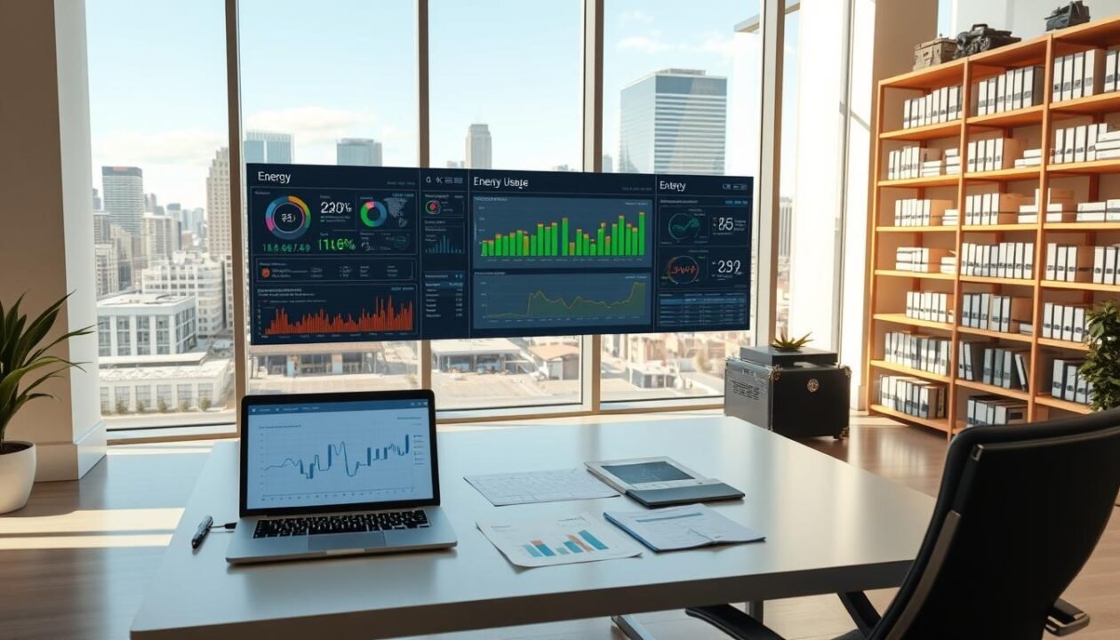 A serene, well-lit office interior with large windows overlooking a city skyline. In the foreground, a modern desk with a laptop, charts, and energy consumption monitoring tools. Midground, a sophisticated energy management dashboard displaying real-time data and energy usage analytics. In the background, shelves of industry-relevant books and technical equipment, conveying a sense of expertise and authority on the subject of energy management. The overall atmosphere is one of technological sophistication, environmental consciousness, and data-driven decision making.