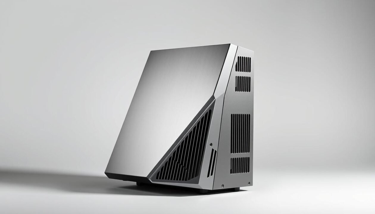 A sleek, modern hybrid inverter set against a clean, minimalist backdrop. The device is positioned at an angle, its metallic exterior gleaming under soft, directional lighting that accentuates its sharp, angular design. The background is a muted, neutral color, allowing the inverter to take center stage. The overall composition is balanced and professional, showcasing the technical capabilities and sophisticated aesthetics of this essential solar power component.