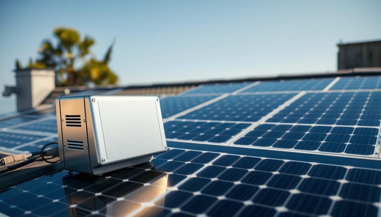 A small-scale solar installation with a sleek, modern design. In the foreground, a compact micro-inverter unit rests neatly on a rooftop, its smooth metal casing reflecting the warm sunlight. The middle ground features several low-profile solar panels, their black surfaces dotted with intricate silicon cells, seamlessly integrated into the roofline. In the background, a clear blue sky stretches overhead, hinting at the abundant renewable energy potential. The overall scene conveys a sense of efficiency, sustainability, and a harmonious integration of technology with the built environment.