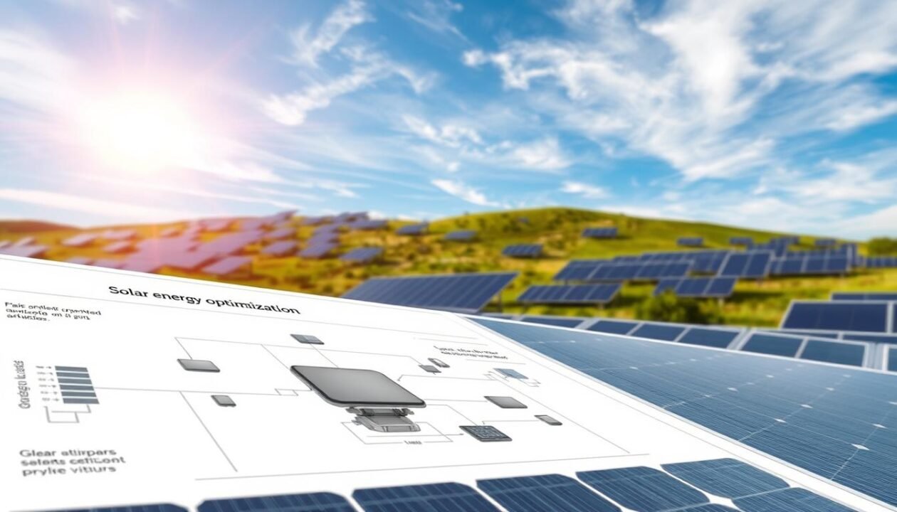 A solar energy optimization project in a scenic, sun-drenched landscape. In the foreground, a detailed diagram of a photovoltaic system, its components meticulously rendered. In the middle ground, a rolling hillside dotted with solar panels, their sleek black surfaces angled to capture the sun's rays. The background showcases a vibrant blue sky, peppered with wispy clouds, creating a sense of tranquility and possibility. The lighting is natural and diffused, highlighting the technical details while maintaining a warm, inviting atmosphere. The camera angle is slightly elevated, providing a comprehensive view of the optimization process, emphasizing the harmony between technology and the natural environment. A solar energy optimization project in a scenic, sun-drenched landscape. In the foreground, a detailed diagram of a photovoltaic system, its components meticulously rendered. In the middle ground, a rolling hillside dotted with solar panels, their sleek black surfaces angled to capture the sun's rays. The background showcases a vibrant blue sky, peppered with wispy clouds, creating a sense of tranquility and possibility. The lighting is natural and diffused, highlighting the technical details while maintaining a warm, inviting atmosphere. The camera angle is slightly elevated, providing a comprehensive view of the optimization process, emphasizing the harmony between technology and the natural environment.