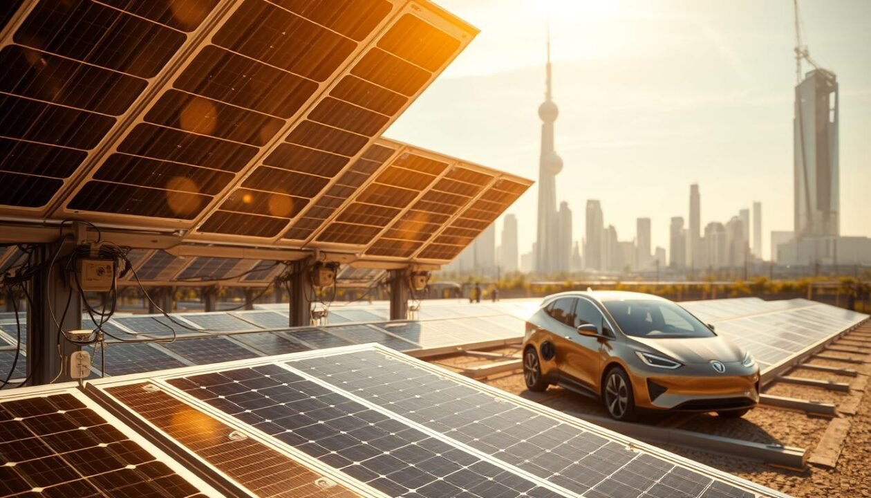 A solar panel array against a backdrop of a futuristic cityscape, bathed in warm, golden sunlight. In the foreground, intricate circuitry and wiring interconnect the panels, suggesting the technological complexities involved in harnessing solar energy. In the middle ground, sleek electric vehicles are charging from the panels, highlighting the potential for mobile solar power. In the distance, towering skyscrapers and advanced infrastructure allude to the urban environment where these photovoltaic challenges must be overcome. The scene conveys a sense of progress and innovation, with the solar panels at the heart of the technological advancements shaping the future of sustainable mobility. A solar panel array against a backdrop of a futuristic cityscape, bathed in warm, golden sunlight. In the foreground, intricate circuitry and wiring interconnect the panels, suggesting the technological complexities involved in harnessing solar energy. In the middle ground, sleek electric vehicles are charging from the panels, highlighting the potential for mobile solar power. In the distance, towering skyscrapers and advanced infrastructure allude to the urban environment where these photovoltaic challenges must be overcome. The scene conveys a sense of progress and innovation, with the solar panels at the heart of the technological advancements shaping the future of sustainable mobility.