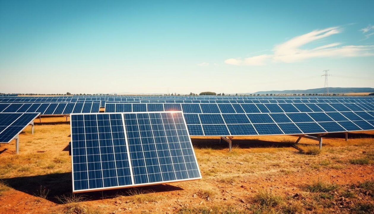 A solar panel array situated in a sunny, open field, with a clear blue sky in the background. The panels are arranged in neat rows, reflecting the bright sunlight and casting dynamic shadows across the ground. The foreground features a single, large solar panel with a prominent "Maximum Power" label, emphasizing its key role in the system. The middle ground showcases the array's scale, with rows of panels stretching out towards the horizon. The background features a few wispy clouds, adding depth and a sense of natural ambiance. The overall scene conveys a balance of technological innovation and environmental harmony, capturing the essence of solar power generation.