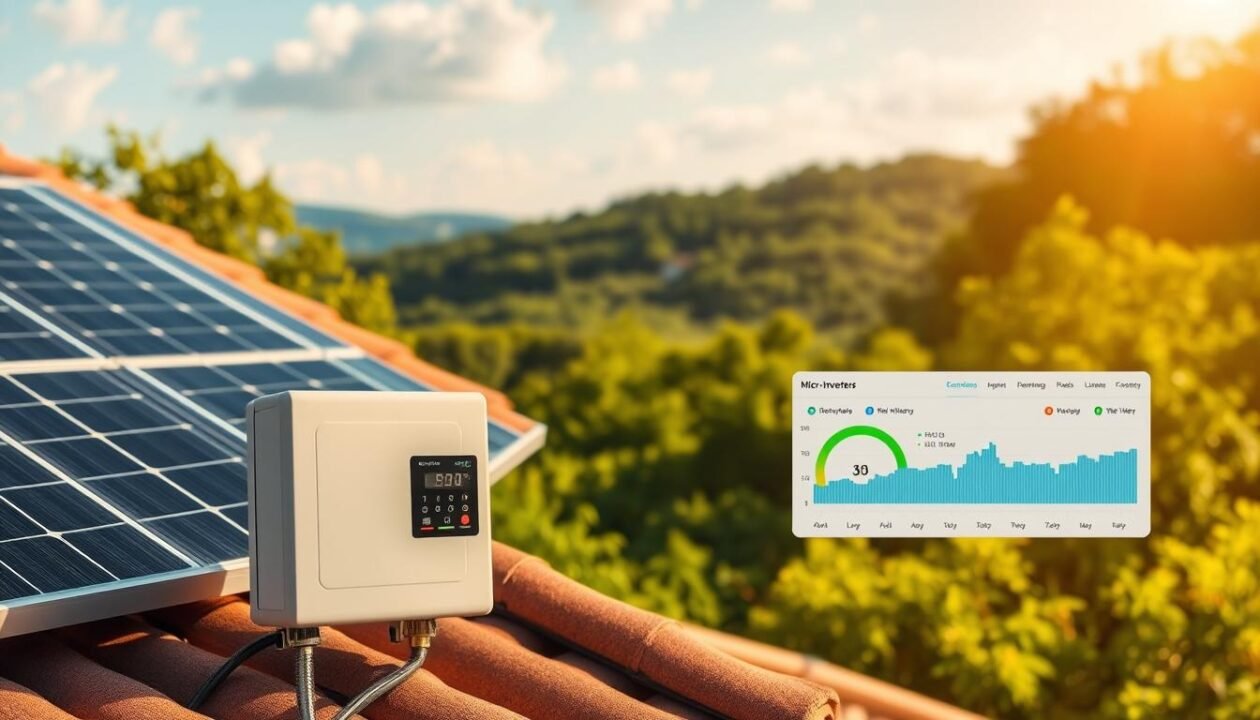A solar panel array situated on a residential rooftop, bathed in warm afternoon sunlight. In the foreground, a sleek, compact micro-inverter device is seamlessly integrated into the electrical system, enabling efficient energy conversion and storage. The middle ground reveals a home's power consumption dashboard, displaying real-time data on electricity generation, usage, and net metering. In the background, a lush, verdant landscape provides a tranquil, sustainable setting, symbolizing the harmony between human energy needs and the natural environment. The scene conveys a sense of self-sufficiency, technological innovation, and environmental consciousness.
