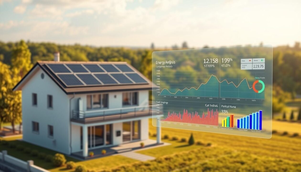 A striking architectural rendering of a modern solar energy simulation, with a sleek, minimalist design. The foreground features a detailed 3D model of a residential building, its rooftop covered in photovoltaic panels that catch the warm, diffused sunlight. In the middle ground, a transparent overlay displays a comprehensive energy analysis, with colorful graphs and visualizations depicting energy production, consumption, and potential savings. The background depicts a lush, verdant landscape, suggesting the integration of renewable energy into a sustainable, eco-friendly environment. The overall scene conveys a sense of technological sophistication, environmental consciousness, and the potential for renewable energy to power our homes and communities.
