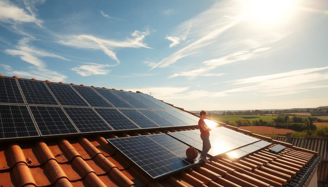 A sun-drenched rooftop with a well-organized array of sleek, black photovoltaic panels glistening in the warm afternoon light. The panels are neatly installed, casting subtle shadows across the tiled surface. In the foreground, a homeowner stands admiring their new renewable energy system, hands on hips, with a sense of pride and satisfaction. The background features a picturesque French countryside landscape, rolling hills, and a clear blue sky dotted with wispy clouds. The scene conveys the accessibility and benefits of solar power, highlighting the government-backed financial incentives that make this technology attainable for homeowners.