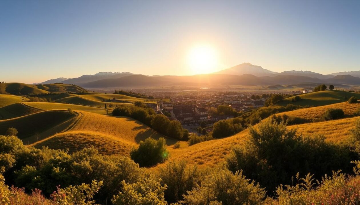 A sweeping panoramic view of the French landscape, showcasing the climatic trends of 2025. In the foreground, rolling hills bathed in warm, golden sunlight, lush vegetation thriving under the clear skies. The middle ground features a picturesque village, its rooftops and cobblestone streets illuminated by the radiant sun. In the background, majestic mountains rise, their peaks dusted with a light layer of snow, hinting at the region's diverse microclimates. The scene is captured with a wide-angle lens, emphasizing the vastness and grandeur of the French countryside, conveying a sense of tranquility and abundance under the favorable solar conditions of the year to come.