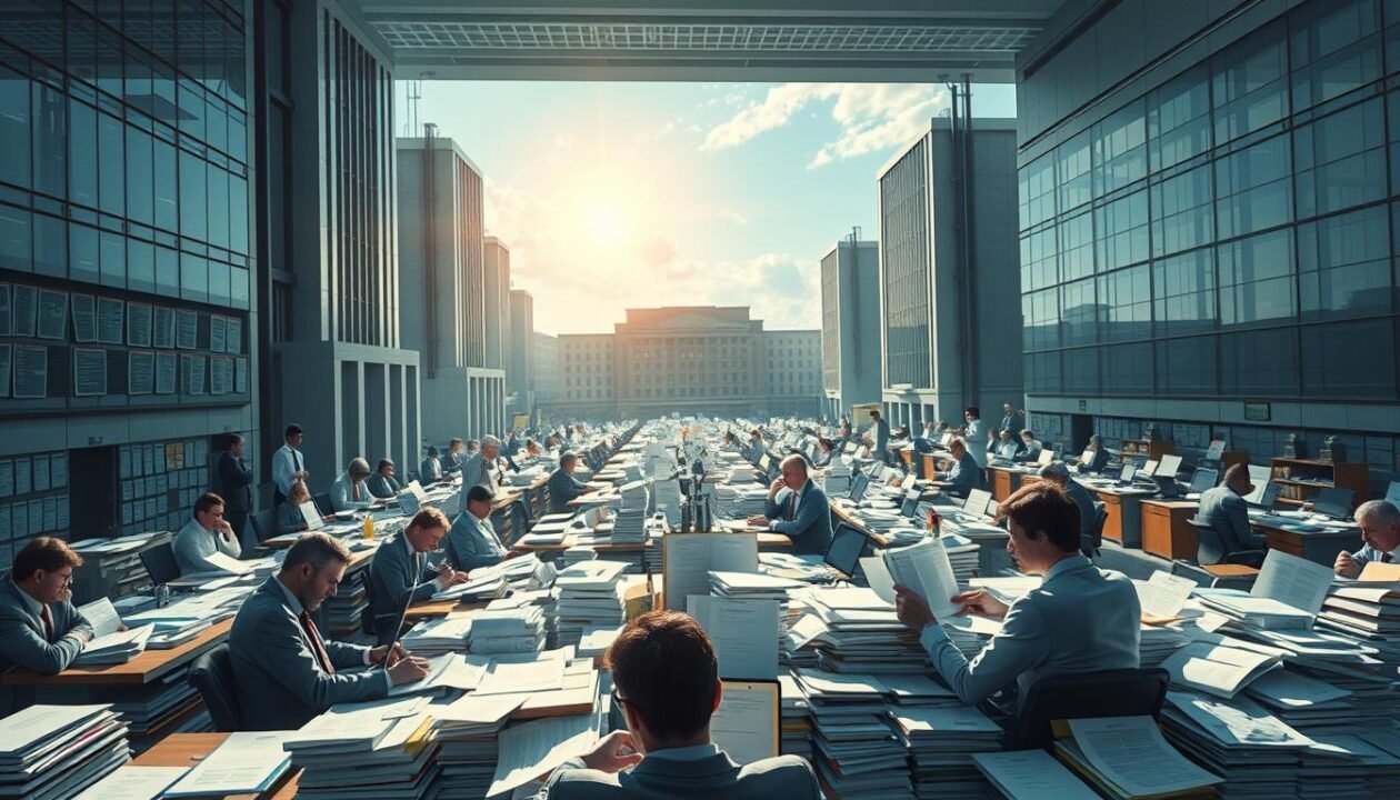 A vast administrative landscape, with towering government buildings and intricate bureaucratic processes unfolding in the foreground. Clerks and officials navigate the maze of paperwork, their expressions a mix of determination and weariness. Sunlight streams through the windows, casting a warm glow over the scene, hinting at the patience and perseverance required to navigate the complex web of "démarches administratives." The composition emphasizes the scale and complexity of the administrative system, with a sense of order and structure underlying the seemingly chaotic proceedings. The overall mood conveys the necessary yet often daunting nature of the administrative tasks required to establish a solar farm.
