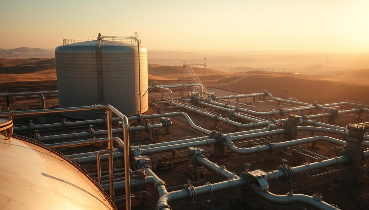 A vast, industrial landscape of pipelines, valves, and storage tanks, bathed in warm, golden light. In the foreground, a massive, cylindrical gas storage tank dominates the scene, its steel surface reflecting the sunlight. Intricate networks of pipes and connectors snake across the middle ground, converging on a central control station with a array of gauges and dials. In the background, rolling hills and a hazy horizon create a sense of scale and depth. The overall mood is one of efficiency, precision, and the steady, reliable flow of natural gas through a complex, well-engineered system.