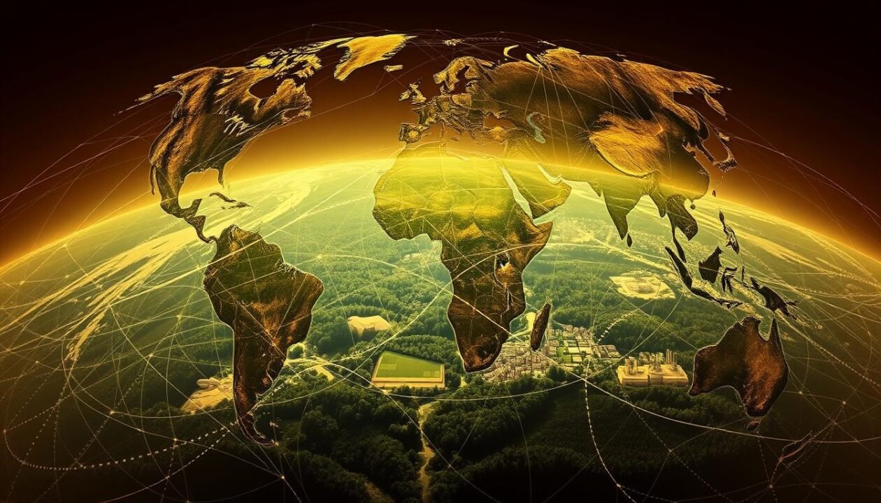 A vast, interconnected globe representation, depicting the worldwide ecological footprint. In the foreground, a delicate network of interwoven lines and shapes symbolizes the intricate web of human activity and resource consumption. The middle ground showcases a vibrant, layered landscape, with lush forests, flowing rivers, and thriving ecosystems. The background paints a more somber picture, with regions of deforestation, urban sprawl, and industrial pollution casting shadows across the globe. Warm, muted tones evoke a sense of contemplation, while dramatic lighting casts dramatic shadows, highlighting the contrast between human impact and the natural world. The overall composition conveys the urgency and complexity of addressing the global ecological challenge.