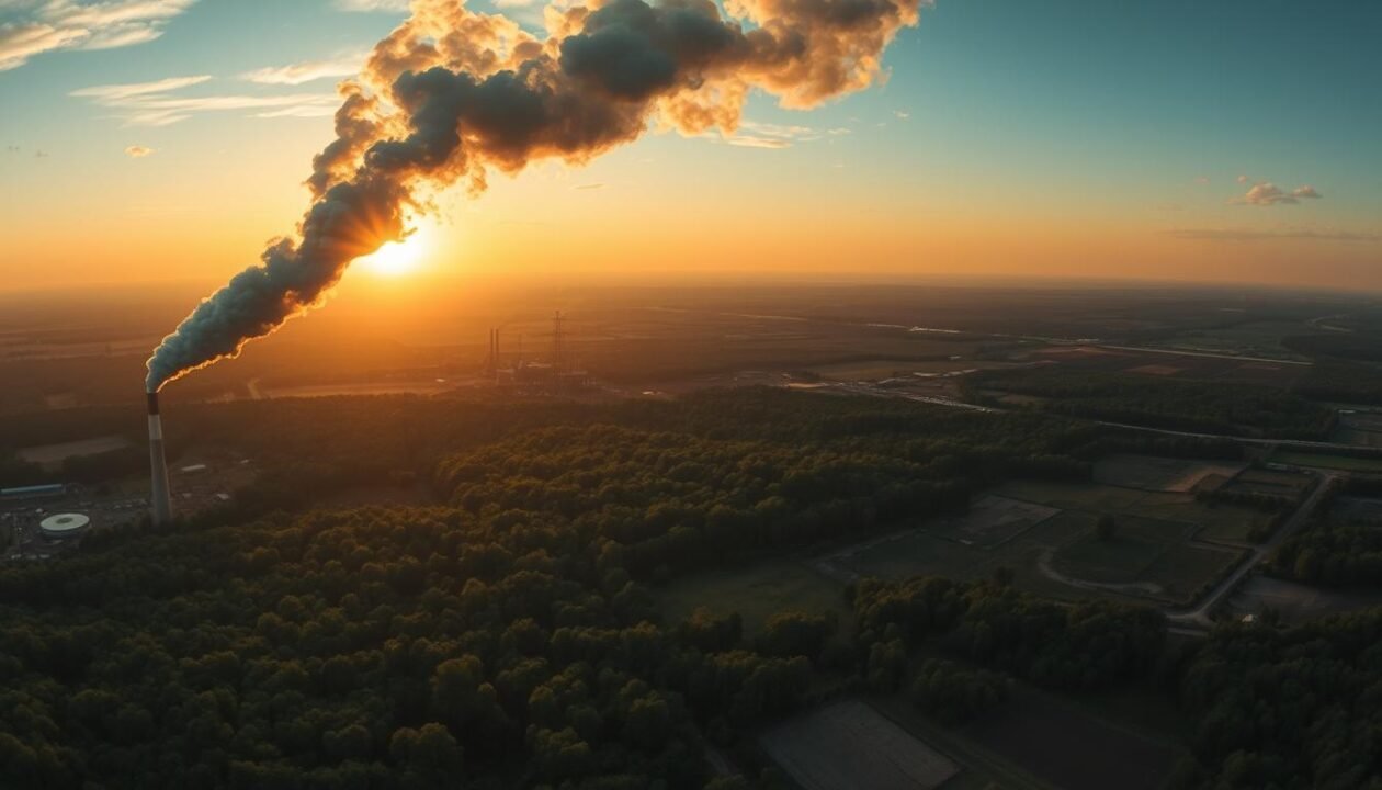 A vast panoramic landscape, showcasing the diverse sources of CO2 emissions. In the foreground, towering smokestacks belch billowing plumes of gray smoke, representing industrial and power generation activities. In the middle ground, dense forests and lush vegetation serve as natural carbon sinks, while agricultural fields and livestock herds contribute to the anthropogenic sources. The background features a glowing horizon, with the sun setting over a distant horizon, casting a warm, golden glow across the scene. The lighting is dramatic, with sharp contrasts between light and shadow, emphasizing the complexity and scale of the CO2 cycle. The image is captured with a wide-angle lens, providing a comprehensive view of the interconnected natural and human-made elements that shape the global carbon footprint.