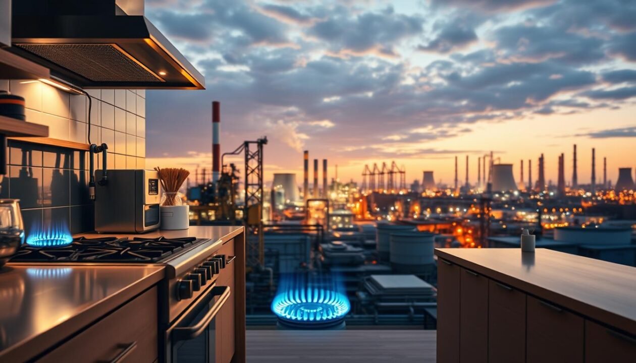 A well-lit, high-resolution image of natural gas usage, showcasing various household and industrial applications. In the foreground, a modern kitchen with gas appliances, such as a stove and oven, in use. In the middle ground, an industrial factory scene with machinery powered by natural gas. In the background, a cityscape with power plants and infrastructure, highlighting the widespread use of natural gas for energy production. The scene conveys a sense of efficiency, practicality, and the pivotal role of natural gas in our daily lives and the economy. The lighting should be warm and inviting, emphasizing the versatility and importance of this natural resource.