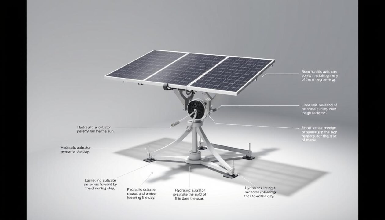 Detailed schematic illustration of a solar tracker system, showcasing its inner workings and mechanisms. A sleek, modern design with a minimalist aesthetic. The tracker features a central pivot point, hydraulic actuators, and sensors that precisely orient the solar panels towards the sun throughout the day, maximizing energy capture. The scene is illuminated by soft, diffused lighting, casting gentle shadows that accentuate the mechanical components. The background is a clean, high-contrast environment, allowing the solar tracker to be the focal point. Technical specifications are displayed in a subtle, unobtrusive manner, providing relevant information without distracting from the core visual narrative.