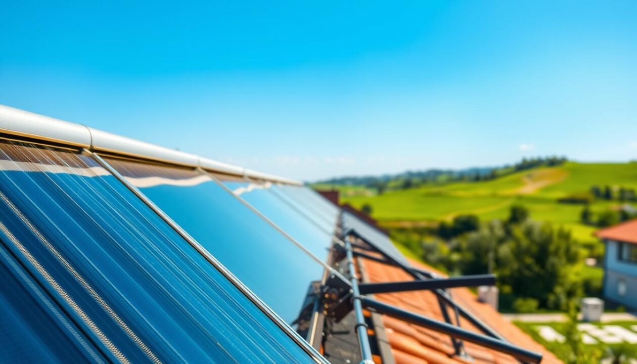 Detailed solar thermal panels in a sunny, serene outdoor setting. The foreground features sleek, modern solar thermal collectors mounted on a residential rooftop, their reflective surfaces gleaming in the warm sunlight. The middle ground showcases the piping and infrastructure connecting the panels, with a focus on the efficient, well-engineered system. In the background, a lush green landscape with rolling hills and a clear blue sky create a tranquil, eco-friendly atmosphere. The lighting is natural and diffused, highlighting the technical precision and environmental harmony of the solar thermal setup. Captured at a slightly elevated angle to emphasize the integrated, holistic nature of the combined solar system. Detailed solar thermal panels in a sunny, serene outdoor setting. The foreground features sleek, modern solar thermal collectors mounted on a residential rooftop, their reflective surfaces gleaming in the warm sunlight. The middle ground showcases the piping and infrastructure connecting the panels, with a focus on the efficient, well-engineered system. In the background, a lush green landscape with rolling hills and a clear blue sky create a tranquil, eco-friendly atmosphere. The lighting is natural and diffused, highlighting the technical precision and environmental harmony of the solar thermal setup. Captured at a slightly elevated angle to emphasize the integrated, holistic nature of the combined solar system.