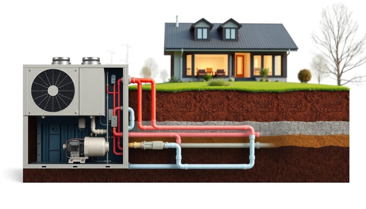 A detailed cross-section of a ground source heat pump system, showcasing its key components. In the foreground, a cutaway view reveals the heat pump unit, compressor, and heat exchanger. The middle ground depicts the underground piping system, with soil layers and geothermal heat source clearly visible. The background features a modern, energy-efficient home, suggesting the practical application of this renewable heating and cooling technology. The scene is illuminated by soft, natural lighting, conveying a sense of efficiency and environmental harmony. Rendered in a clean, technical style with precise engineering details to illustrate the workings of a geothermal heat pump system.