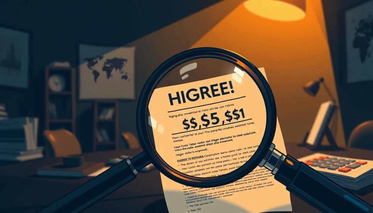 A detailed illustration depicting the higher cost of a subscription plan. The foreground features a magnifying glass closely examining a contract or bill, highlighting the increased subscription fee. The middle ground showcases a calculator and financial documents, symbolizing the financial implications. The background portrays a dimly lit, gloomy office setting, conveying a sense of concern and unease over the rising subscription costs. The lighting is dramatic, with a warm, golden hue illuminating the focal points and casting long shadows, emphasizing the gravity of the situation. The overall composition and mood aim to visually convey the "Inconvénients de l'option Heures Creuses / Heures Pleines" as described in the article section title.