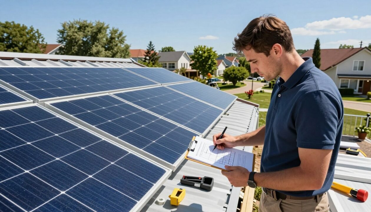 A detailed visual representation of the key steps in a solar panel installation project, showcasing a sunny outdoor setting with a clear blue sky. In the foreground, a professional wearing smart casual attire is inspecting a solar panel layout on a clipboard, surrounded by tools and materials. The middle ground includes a partially constructed solar array, with panels being mounted onto a roof, demonstrating the installation process. In the background, a picturesque neighborhood with green trees and modern houses complements the scene. The lighting is bright and cheerful, evoking a sense of optimism and sustainability. The angle captures the action from a slight elevation, emphasizing both the hands-on work and the beautiful environment surrounding it.