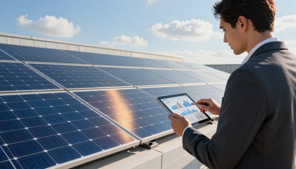 A futuristic solar panel installation on a modern rooftop, showcasing sleek, vibrant solar panels reflecting sunlight. In the foreground, a professional expert in business attire is examining a digital tablet with graphs illustrating investment returns and savings from solar energy. In the middle ground, rows of solar panels stretch across the rooftop, each glistening under the midday sun, while the background features a clear blue sky with a few fluffy clouds. Soft, warm lighting emphasizes a sense of optimism and innovation, conveying the financial benefits of solar energy investment in 2025. The atmosphere is inspiring, highlighting the practicality and efficiency of renewable energy solutions.