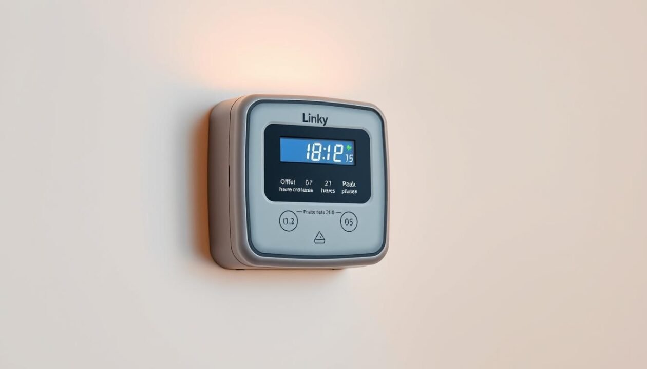 A modern digital electricity meter, the Linky, mounted on a white wall. The meter's sleek, rectangular design with a backlit LCD display is the focal point, surrounded by a clean, minimalist environment. Warm, indirect lighting illuminates the scene, creating a sense of clarity and simplicity. The meter's display shows the current time and a representation of the off-peak (heures creuses) and peak (heures pleines) time periods, visually communicating the concept of the electricity rate structure. The overall composition emphasizes the Linky meter as a key component in understanding and managing one's energy usage and costs.