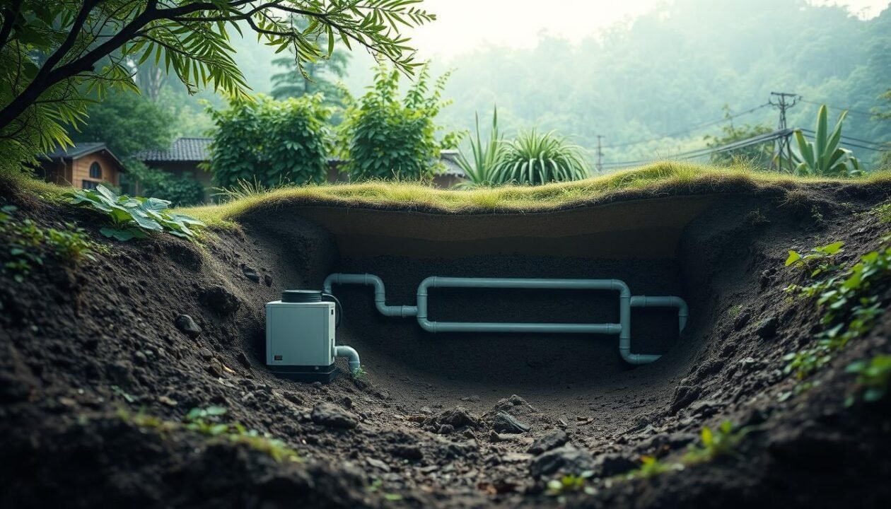 A serene, underground landscape showcasing very low-energy geothermal power generation. In the foreground, a small, discreet geothermal heat pump system blends seamlessly into the natural surroundings, its minimal aboveground infrastructure barely visible. The middle ground reveals a cross-section of the earth's layers, with geothermal pipes discretely embedded, tapping into the stable, low-temperature heat deep within. The background depicts a tranquil, verdant setting, with lush foliage and a calming atmosphere, conveying the gentle, sustainable nature of this renewable energy source. Soft, diffused lighting illuminates the scene, creating a soothing, ambient mood. The overall composition emphasizes the unobtrusive integration of geothermal technology within the environment.