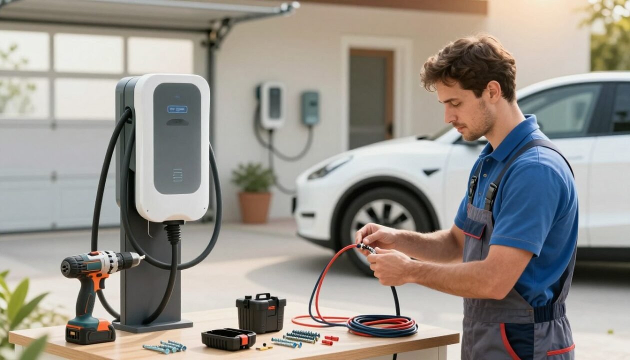 A step-by-step illustration of a secure installation process for an electric vehicle charging station. In the foreground, a technician in professional work attire is shown carefully connecting wiring to a charging unit, demonstrating precision and safety. In the middle ground, various installation tools and equipment are neatly organized, including a drill, screws, and wiring, emphasizing a well-planned workspace. The background features a modern home garage with an electric vehicle parked, showcasing the charger mounted on the wall. Soft, natural lighting filters through a garage window, creating a warm and approachable atmosphere. The scene captures the essence of practicality and professionalism, reflecting essential steps in safely installing an electric vehicle charging station.