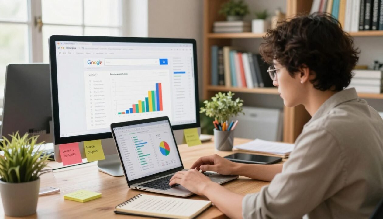 A vibrant workspace scene depicting a professional analyzing keywords with Google. In the foreground, a focused business person in smart casual attire is intently studying data on a laptop screen, surrounded by colorful sticky notes and a notepad filled with keywords. The middle ground features a large computer monitor displaying Google search results and keyword suggestions, with vibrant graphs and charts. In the background, a bright, well-organized office with bookshelves filled with marketing and SEO resources, and a window letting in soft, natural light. The atmosphere is one of productivity and creativity, with warm lighting creating an encouraging mood, emphasizing the importance of keyword research in digital marketing.