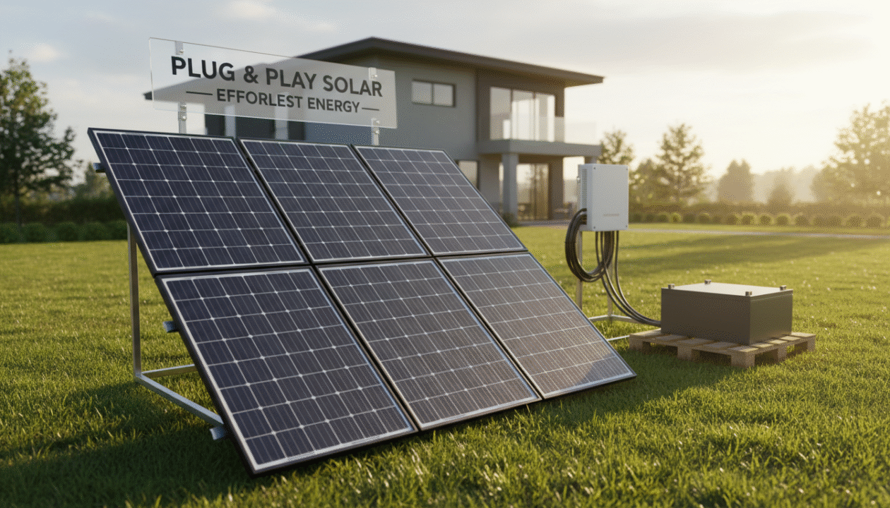 A well-organized display of a "plug and play" solar kit set against a serene outdoor backdrop. In the foreground, showcase the solar panels neatly arranged, glistening under soft sunlight, emphasizing their sleek design and functionality. Include essential components such as a solar inverter and battery, presented in a tidy layout. The middle ground features a green lawn, suggesting an eco-friendly setting, with a hint of a modern home in the background to imply domestic use. The overall lighting is warm, evoking a positive and inviting atmosphere. Use a wide-angle perspective to capture the entire setup, enhancing the impression of convenience and accessibility in selecting the right solar kit.