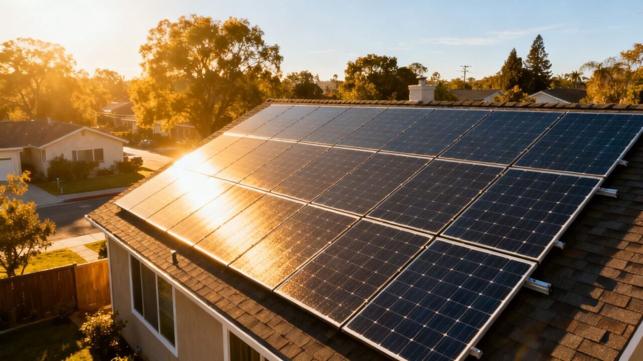 House with solar panels on the roof under the sun.