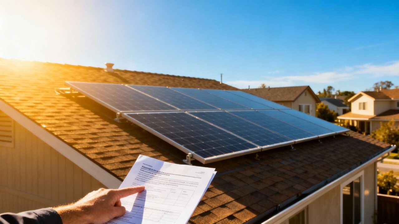 Zonnepanelen op een dak met een persoon