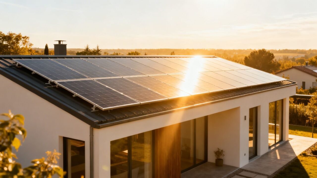 Casa com painéis solares sob um céu ensolarado.
