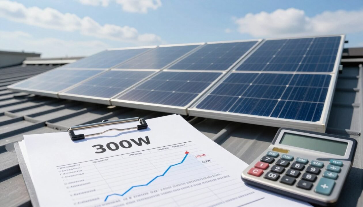 A close-up of a solar panel displaying a 300W specification, set against a backdrop of a modern rooftop. In the foreground, neatly arranged financial documents and a calculator hint at the financial aspects of solar energy, emphasizing price and assistance programs. The middle ground showcases the solar panel glinting under bright, natural sunlight, illustrating its efficiency and importance. The background features a clear blue sky with a few fluffy clouds, creating a hopeful and optimistic atmosphere. Soft shadows are cast by the sunlight, enhancing the three-dimensionality of the scene. The overall mood is professional and informative, perfect for an article discussing financial angles of solar energy.