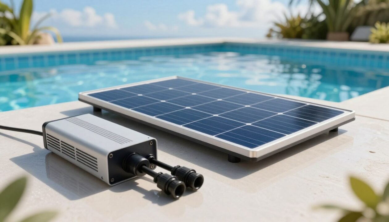 A close-up view of a solar pool kit components arrangement, showcasing a sleek solar panel designed for pool filtration systems, nestled on a light-reflecting surface. Include detailed parts like a compact solar inverter and robust hose connectors in the foreground. The middle ground features a vibrant swimming pool partially visible, surrounded by flora, casting playful reflections in the water. The background should have a clear blue sky with soft clouds, creating a serene atmosphere. Use bright, natural lighting to highlight textures and colors, with a slight tilt-angle lens perspective for dynamic depth. The entire scene evokes a sense of innovation and sustainability.