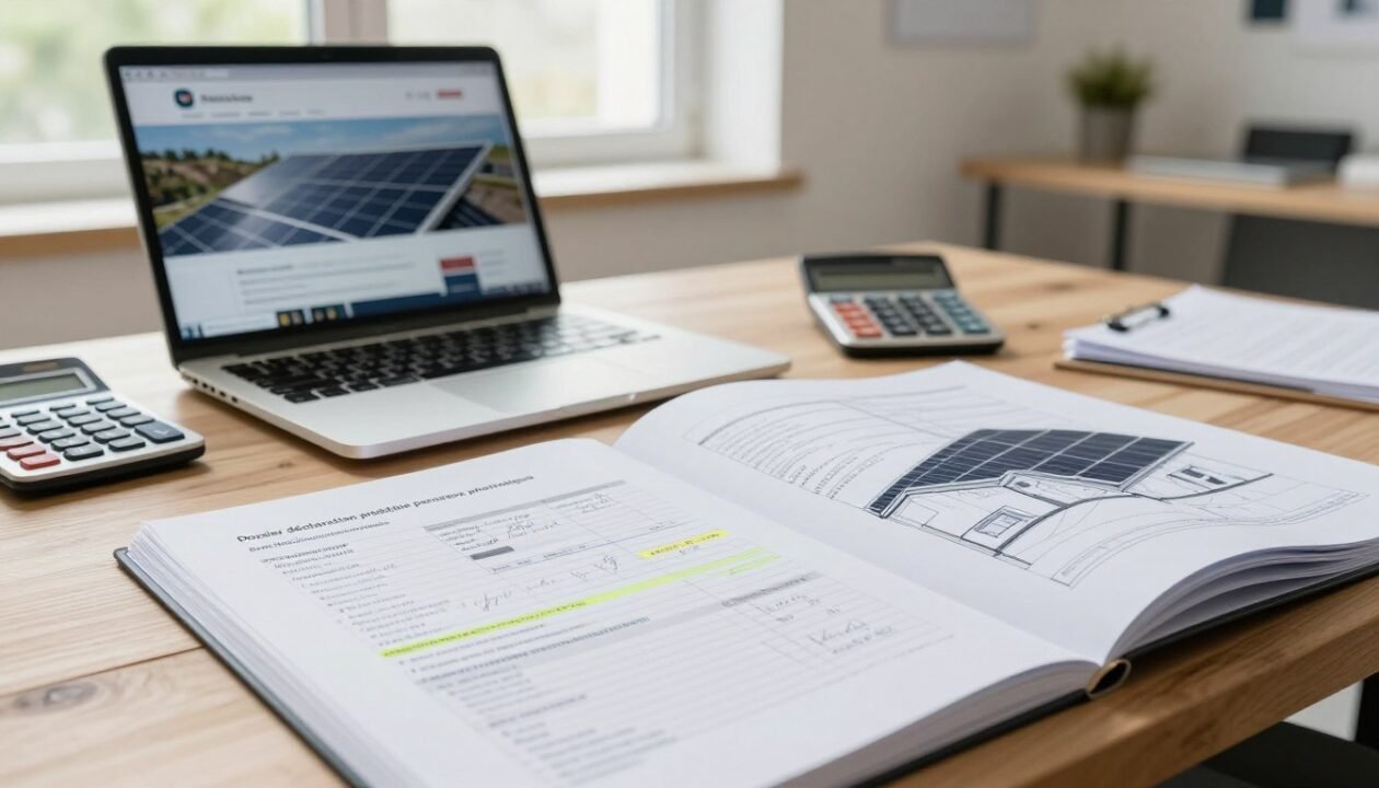 A detailed dossier on photovoltaic panel installation, open on a wooden desk, showcasing various documents and forms related to the installation process. In the foreground, focus on a close-up of a form titled "Dossier déclaration préalable panneaux photovoltaïques," filled with handwritten notes and highlighted sections. In the middle ground, include a laptop displaying a regulatory website, alongside a calculator and a set of architectural plans showing the layout for solar panel placement on a house roof. In the background, a bright and airy office space with large windows casts soft, natural light over the scene, enhancing the atmosphere of professionalism and diligence. Soft focus and a slight depth of field blur the background, keeping the viewer’s attention on the essential documents and tools of the trade. A detailed dossier on photovoltaic panel installation, open on a wooden desk, showcasing various documents and forms related to the installation process. In the foreground, focus on a close-up of a form titled "Dossier déclaration préalable panneaux photovoltaïques," filled with handwritten notes and highlighted sections. In the middle ground, include a laptop displaying a regulatory website, alongside a calculator and a set of architectural plans showing the layout for solar panel placement on a house roof. In the background, a bright and airy office space with large windows casts soft, natural light over the scene, enhancing the atmosphere of professionalism and diligence. Soft focus and a slight depth of field blur the background, keeping the viewer’s attention on the essential documents and tools of the trade.