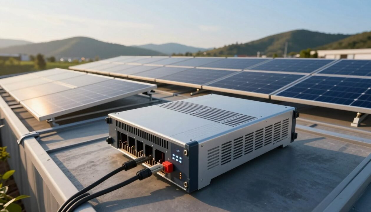 A detailed illustration of a three-phase inverter, prominently placed in the foreground, showcasing its sleek, modern design with visible ventilation grilles and LED indicators. The middle ground features a solar panel installation, neatly arranged on a rooftop, with sunlight reflecting off the panels. In the background, there are rolling hills and a clear blue sky, emphasizing a clean energy landscape. The lighting should suggest late afternoon, casting soft shadows for a warm, inviting atmosphere. Capture the image from a slightly elevated angle, focusing on the inverter's connections to the solar panels. The overall mood is professional and industrious, highlighting the synergy between the solar power system and its three-phase inverter. No text, watermarks, or other overlays should be included. A detailed illustration of a three-phase inverter, prominently placed in the foreground, showcasing its sleek, modern design with visible ventilation grilles and LED indicators. The middle ground features a solar panel installation, neatly arranged on a rooftop, with sunlight reflecting off the panels. In the background, there are rolling hills and a clear blue sky, emphasizing a clean energy landscape. The lighting should suggest late afternoon, casting soft shadows for a warm, inviting atmosphere. Capture the image from a slightly elevated angle, focusing on the inverter's connections to the solar panels. The overall mood is professional and industrious, highlighting the synergy between the solar power system and its three-phase inverter. No text, watermarks, or other overlays should be included.