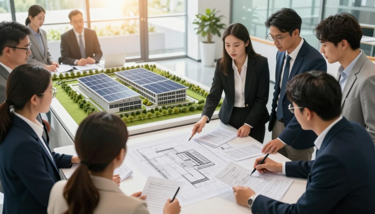 A detailed scene showcasing a modern photovoltaic building proposal meeting. In the foreground, a diverse group of professionals in smart business attire, discussing and examining blueprints and documents spread across a table. In the middle ground, a sleek architectural model of a solar energy facility, featuring solar panels and greenery, symbolizing sustainability. The background highlights large windows with natural sunlight streaming in, casting a warm glow over the scene. The atmosphere is collaborative and dynamic, emphasizing innovation and regulatory advancements in renewable energy. Use soft lighting to create an optimistic mood, captured with a slight perspective from above to emphasize the gathering and the details of the materials being reviewed. No text or distractions should be present.