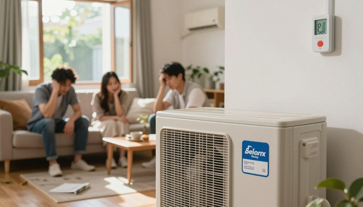 A detailed scene showcasing a monobloc air conditioning unit in a home environment, highlighting its disadvantages. In the foreground, focus on the monobloc unit, emphasizing its bulky design and energy consumption label. In the middle ground, depict discomfort with individuals, dressed in modest casual clothing, looking overheated and frustrated in a warm living room. Add scattered items like open windows with sunlight streaming in, highlighting inefficiency. The background should feature a thermostat displaying a high temperature, and plants wilted from heat. Use natural lighting to create a bright, yet uncomfortable atmosphere, capturing the essence of a sweltering summer day and the limitations of this cooling solution. Aim for a realistic and relatable setting. A detailed scene showcasing a monobloc air conditioning unit in a home environment, highlighting its disadvantages. In the foreground, focus on the monobloc unit, emphasizing its bulky design and energy consumption label. In the middle ground, depict discomfort with individuals, dressed in modest casual clothing, looking overheated and frustrated in a warm living room. Add scattered items like open windows with sunlight streaming in, highlighting inefficiency. The background should feature a thermostat displaying a high temperature, and plants wilted from heat. Use natural lighting to create a bright, yet uncomfortable atmosphere, capturing the essence of a sweltering summer day and the limitations of this cooling solution. Aim for a realistic and relatable setting.