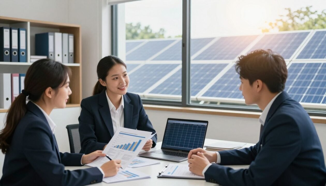 A professional business setting highlighting the fiscal aspects of solar photovoltaic income. In the foreground, a diverse group of three professionals in business attire, two men and one woman, engaging in a discussion around a table, with documents and a laptop open, showcasing financial graphs and solar energy data. The middle layer features a large window revealing a bright, sunlit outdoor scene with solar panels on rooftops, symbolizing renewable energy. The background has a well-organized office environment with shelves filled with books on finance and renewable energy. Soft, natural lighting pours in through the window, creating a productive and optimistic atmosphere. The camera angle is slightly elevated, capturing both the professionals and the solar panels outside, emphasizing the connection between solar energy and financial management.
