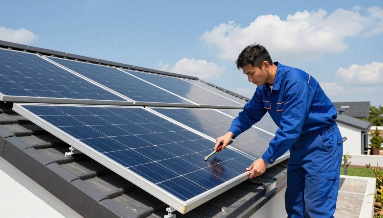 A professional solar thermal panel installation scene on a modern residential rooftop. In the foreground, a skilled technician, dressed in a smart blue uniform, carefully mounts solar panels, using precise tools. The middle ground showcases several sleek solar panels arranged neatly on the roof, angled towards the sun for optimal efficiency, with bright reflections highlighting their surface. In the background, a clear blue sky punctuates the scene, with a few fluffy clouds to enhance depth. The lighting is bright and natural, casting soft shadows and emphasizing the professionalism of the installation. The overall mood conveys a sense of innovation, sustainability, and expert craftsmanship, inviting viewers to appreciate the importance of professional installation and maintenance in solar energy systems. A professional solar thermal panel installation scene on a modern residential rooftop. In the foreground, a skilled technician, dressed in a smart blue uniform, carefully mounts solar panels, using precise tools. The middle ground showcases several sleek solar panels arranged neatly on the roof, angled towards the sun for optimal efficiency, with bright reflections highlighting their surface. In the background, a clear blue sky punctuates the scene, with a few fluffy clouds to enhance depth. The lighting is bright and natural, casting soft shadows and emphasizing the professionalism of the installation. The overall mood conveys a sense of innovation, sustainability, and expert craftsmanship, inviting viewers to appreciate the importance of professional installation and maintenance in solar energy systems.