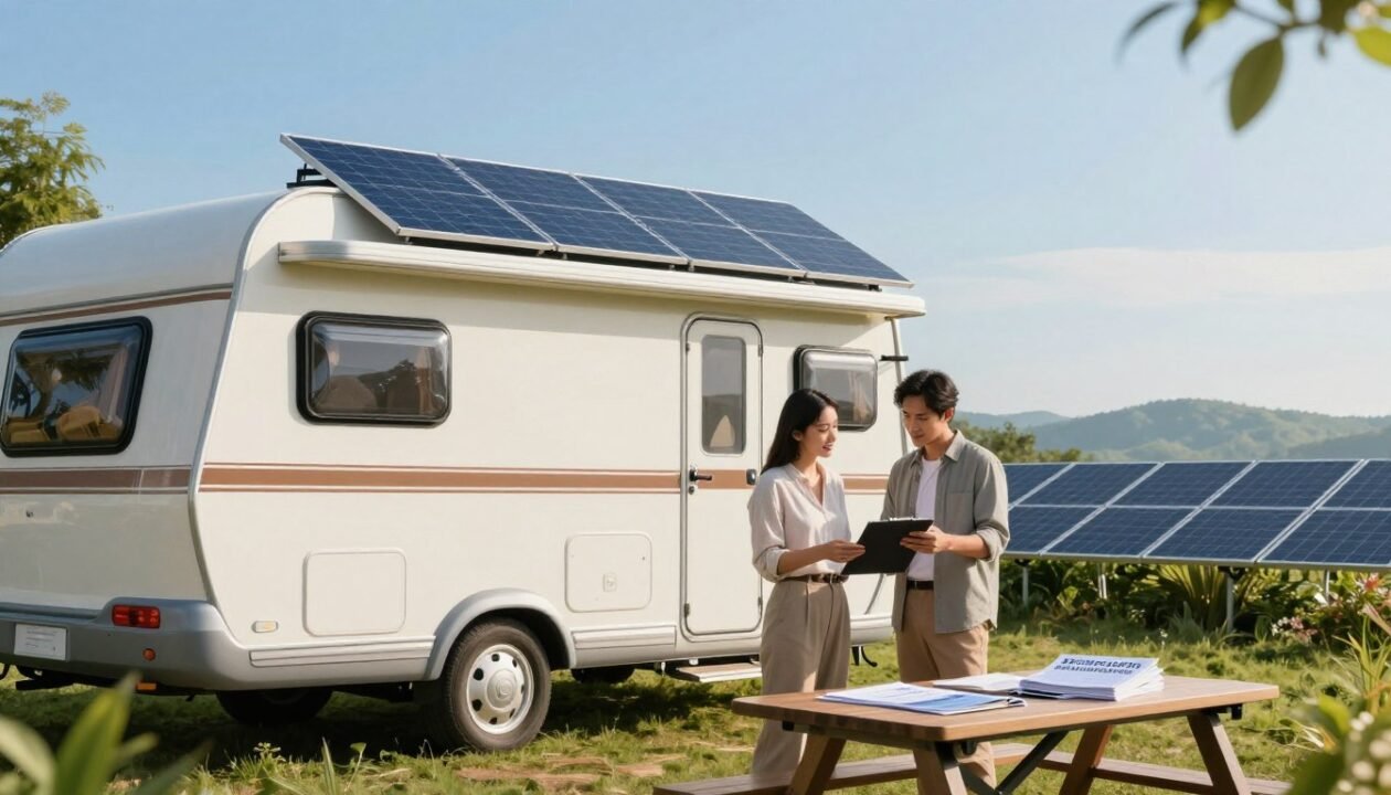 A serene outdoor scene focused on a modern solar panel installation on a caravan. In the foreground, a caravan stands parked under a clear blue sky, equipped with sleek solar panels on its roof, reflecting sunlight. Soft sunlight creates gentle shadows, enhancing the details of the caravan's exterior. In the middle ground, a professional couple, dressed in modest casual clothing, examines a clipboard and discussing financial aid options, symbolizing guidance. They are surrounded by lush greenery and a few solar panel brochures scattered on a picnic table. In the background, a distant horizon shows rolling hills under a bright sun, reinforcing the theme of sustainable energy and environmental awareness. The atmosphere is optimistic and inviting, emphasizing opportunity and innovation in financial support for solar energy solutions. A serene outdoor scene focused on a modern solar panel installation on a caravan. In the foreground, a caravan stands parked under a clear blue sky, equipped with sleek solar panels on its roof, reflecting sunlight. Soft sunlight creates gentle shadows, enhancing the details of the caravan's exterior. In the middle ground, a professional couple, dressed in modest casual clothing, examines a clipboard and discussing financial aid options, symbolizing guidance. They are surrounded by lush greenery and a few solar panel brochures scattered on a picnic table. In the background, a distant horizon shows rolling hills under a bright sun, reinforcing the theme of sustainable energy and environmental awareness. The atmosphere is optimistic and inviting, emphasizing opportunity and innovation in financial support for solar energy solutions.