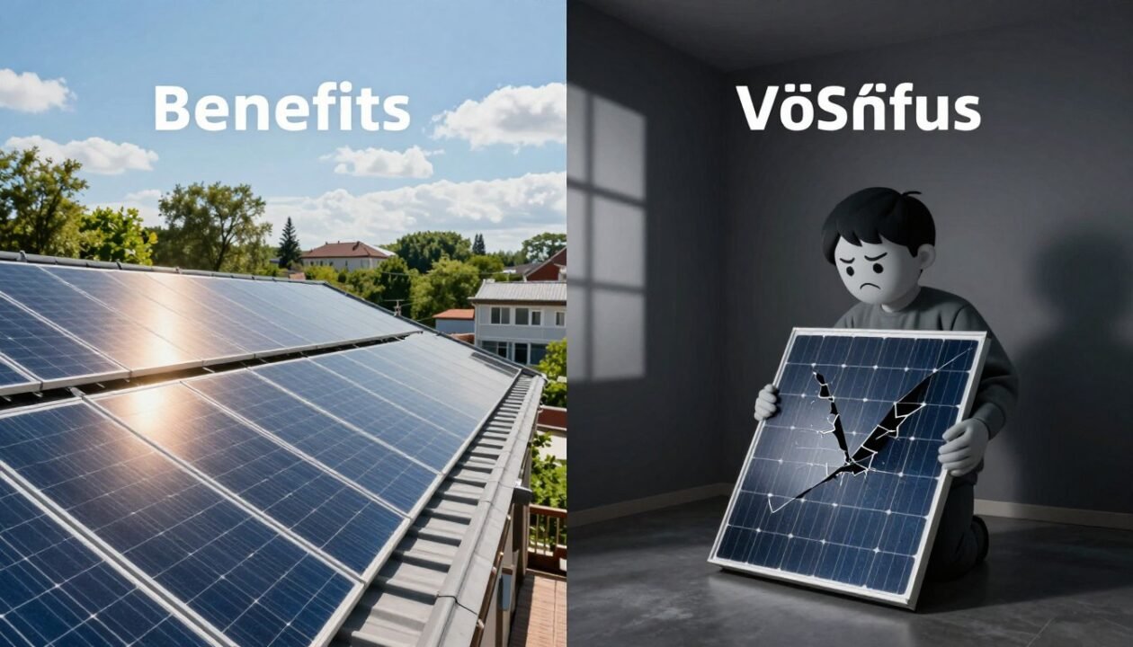 A split image comparing solar panels' advantages and disadvantages. In the foreground, include two distinct sections: on the left, a bright, sunlit rooftop with solar panels collecting sunlight, symbolizing benefits like energy savings and environmental sustainability. On the right, a shadowy room with a frowning character examining a broken panel, illustrating issues like high installation costs and maintenance concerns. In the middle ground, depict trees and buildings to represent an urban setting. The background should show a clear blue sky on the left and overcast clouds on the right. Use natural lighting to enhance the contrast between the two sides, capturing a professional, informative mood. Focus on clarity and detail for educational purposes.