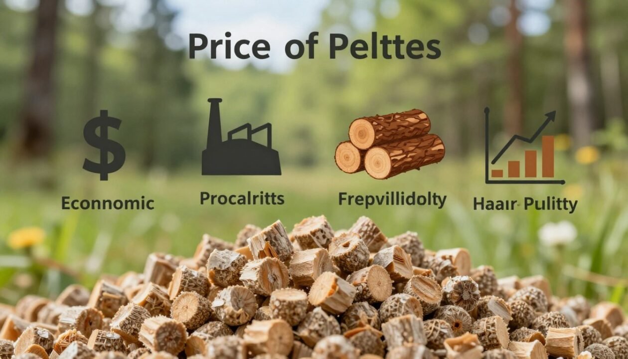 A visually compelling infographic-style illustration depicting the key factors influencing the price of wood pellets. In the foreground, a detailed wooden pellet with a textured surface, symbolizing the product itself. In the middle ground, an array of icons representing various factors: a dollar sign for economic influences, a factory for production costs, wood logs for raw material availability, and a chart showing market trends. The background features a serene forest landscape to represent sustainable sourcing. The lighting is bright and natural, evoking a sense of transparency and clarity. The composition should be balanced and informative, maintaining a professional and educational atmosphere without any text or watermarks.