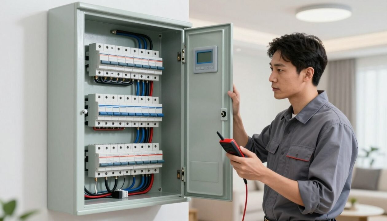 A well-lit, modern electrical panel displayed prominently in the foreground, showcasing organized circuit breakers and wiring. The panel is open to reveal the internal components, including a digital display, safety switches, and neatly arranged wires. In the middle ground, a professional technician in business attire is examining the electrical panel, holding a voltage tester and looking at the components intently. The background includes a clean, minimalist home interior with soft lighting, enhancing the focus on the electrical panel. The atmosphere is one of professionalism and expertise, evoking a sense of trust and reliability regarding electrical safety. Use soft, natural lighting to create an inviting and informative scene, captured from a slightly elevated angle to emphasize the panel’s details.
