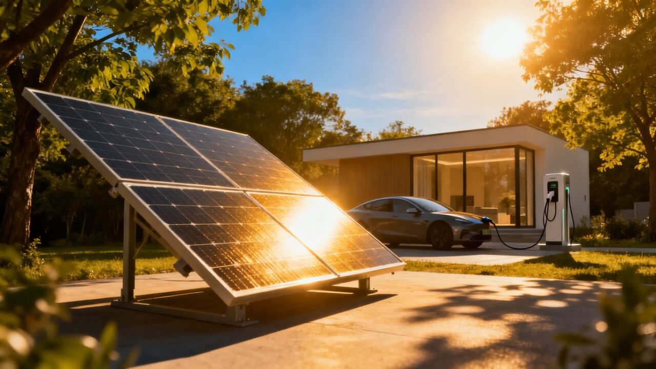 Solar panel powering a house and an electric car.