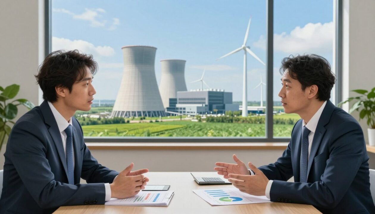 A conceptual illustration depicting a debate on nuclear renewable energy in Europe. Foreground features two diverse professionals in business attire, engaged in an animated discussion over a table, with charts and graphs depicting energy statistics between them. Middle ground includes a large window revealing a modern nuclear power plant surrounded by lush green fields and wind turbines, symbolizing the integration of nuclear and renewable energy. Background shows a clear blue sky, emphasizing a harmonious blend of nature and technology. Soft, natural lighting illuminates the scene, creating a balanced, informative atmosphere. The composition conveys a thoughtful, analytical mood, highlighting the complexities and potential of nuclear as a renewable energy source. A conceptual illustration depicting a debate on nuclear renewable energy in Europe. Foreground features two diverse professionals in business attire, engaged in an animated discussion over a table, with charts and graphs depicting energy statistics between them. Middle ground includes a large window revealing a modern nuclear power plant surrounded by lush green fields and wind turbines, symbolizing the integration of nuclear and renewable energy. Background shows a clear blue sky, emphasizing a harmonious blend of nature and technology. Soft, natural lighting illuminates the scene, creating a balanced, informative atmosphere. The composition conveys a thoughtful, analytical mood, highlighting the complexities and potential of nuclear as a renewable energy source.