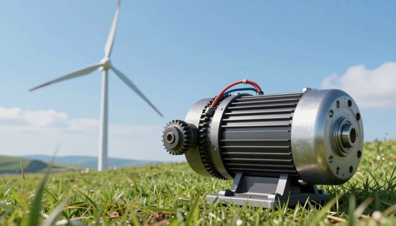 A detailed illustration of a stepper motor designed for a wind turbine generator, prominently displayed in the foreground. The motor features intricate components, including wiring, gears, and a metal casing, with dynamic contrasts of silver and black. In the middle ground, depict a partially constructed wind turbine, showcasing blades and a turbine hub, surrounded by lush green grass under a clear blue sky. The background features a distant horizon with soft hills, creating a sense of depth. Use natural, bright lighting to emphasize the details and textures of the motor, capturing a serene, optimistic atmosphere suited for renewable energy innovation. The composition should have a slight upward angle to enhance the motor's significance. A detailed illustration of a stepper motor designed for a wind turbine generator, prominently displayed in the foreground. The motor features intricate components, including wiring, gears, and a metal casing, with dynamic contrasts of silver and black. In the middle ground, depict a partially constructed wind turbine, showcasing blades and a turbine hub, surrounded by lush green grass under a clear blue sky. The background features a distant horizon with soft hills, creating a sense of depth. Use natural, bright lighting to emphasize the details and textures of the motor, capturing a serene, optimistic atmosphere suited for renewable energy innovation. The composition should have a slight upward angle to enhance the motor's significance.
