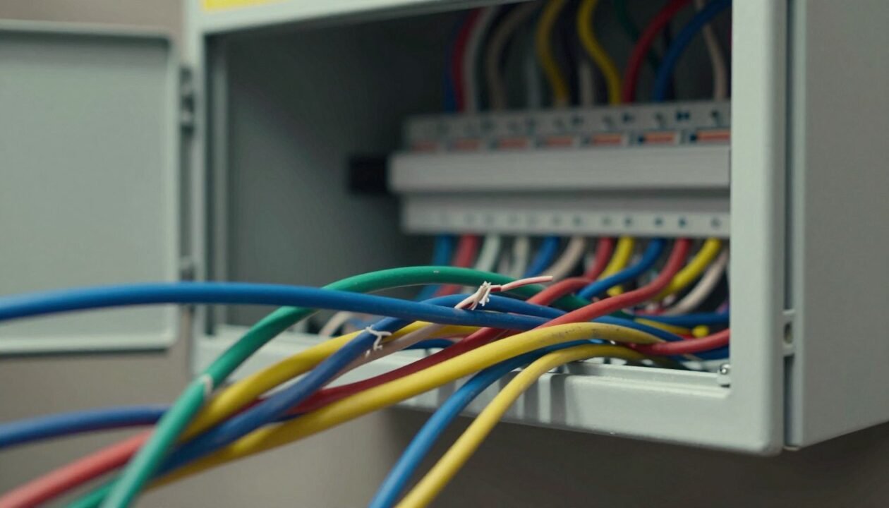A detailed illustration of electric wires tangled in a chaotic manner, with a close-up focus on various colored wires representing different purposes. In the foreground, showcase the vibrant colors of wire insulation, such as blue, red, yellow, and green, some frayed or incorrectly connected to demonstrate the hazards of misidentification. The middle ground displays an open electrical panel, partially closed, revealing a confusing array of connections. The background features a dimly lit workshop setting, casting shadows that enhance the sense of caution and risk. Use soft, diffused lighting to highlight the wires while creating depth. The atmosphere should evoke unease and the potential dangers of incorrect wire handling, urging attention to detail and safety practices. Ensure the absence of any text overlays or human figures in the image.