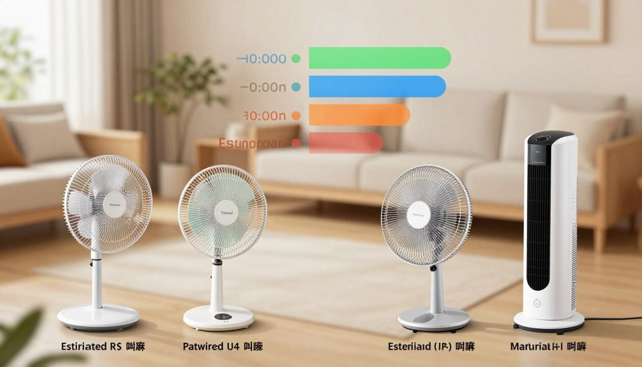 A detailed infographic showcasing various types of fans and their electricity consumption in a visually engaging manner. In the foreground, feature three distinct types of fans: a ceiling fan, a table fan, and a tower fan, each labeled with their estimated power usage in watts. In the middle ground, incorporate a stylized energy meter or chart comparing their energy consumption visually. The background should depict a calm, modern living space, with soft, ambient lighting to create a relaxed atmosphere. Use a high-angle view to emphasize the fans' placement in the room. The overall tone should be informative yet inviting, aiming to educate readers on the differing electricity usage of common fan types. No texts or watermarks, just clean visual elements.