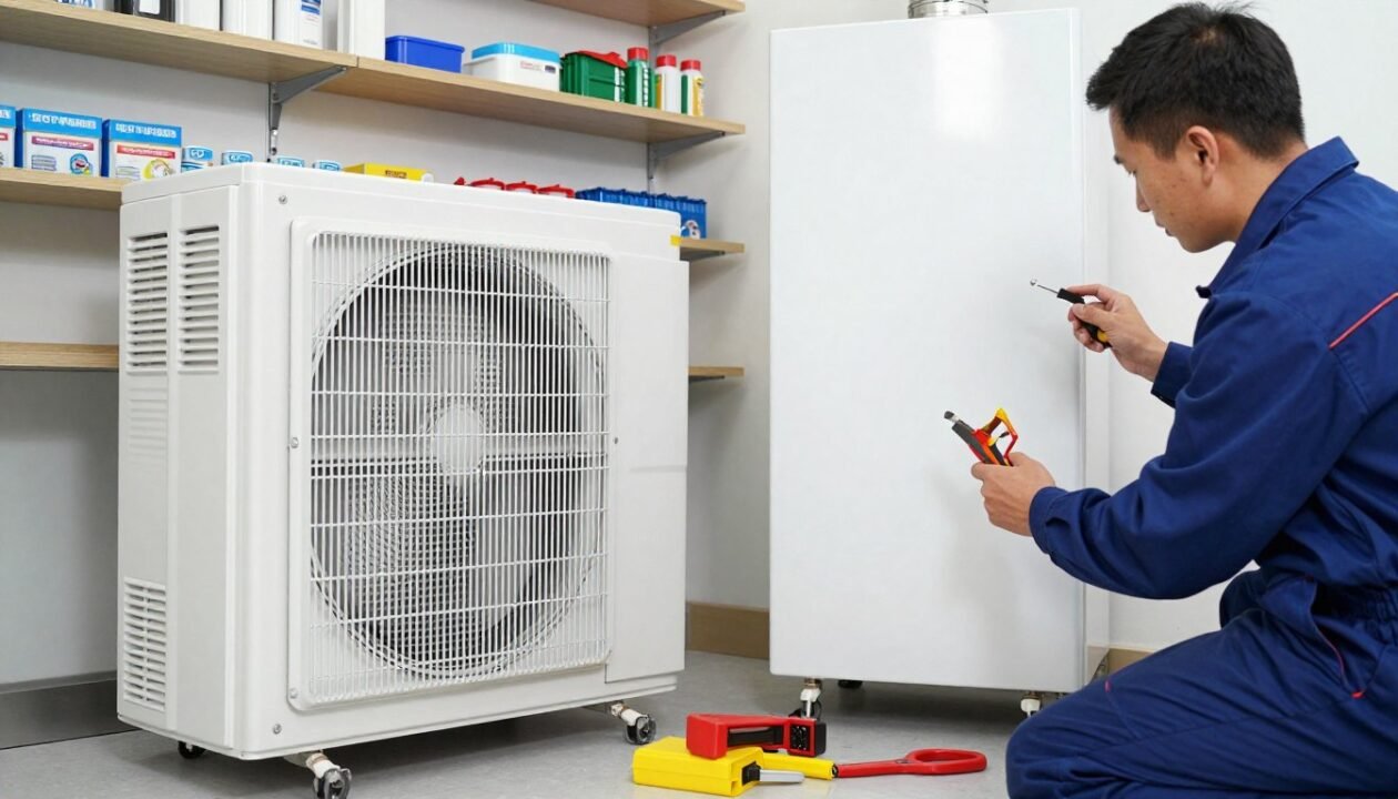 A detailed maintenance scene featuring a technician inspecting a gas heating unit and an electric heating system side by side. In the foreground, the technician, dressed in professional work attire, is carefully checking the gas heater for safety compliance, tools in hand. In the middle, you can see the electric heater, with visible wiring and maintenance tools neatly arranged nearby, illustrating the necessary upkeep. The background displays a clean, efficient utility room with organized shelves filled with maintenance supplies. The lighting is bright and clear, highlighting the focus on the heating systems, creating a professional and informative atmosphere. The angle captures both units prominently, emphasizing the contrast between gas and electric heating solutions while ensuring a sense of order and professionalism in the maintenance process.