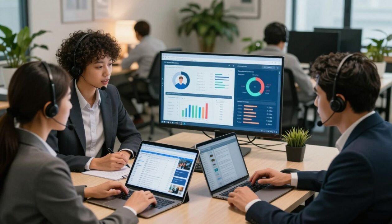 A modern customer service scene showcasing online support tools. In the foreground, a diverse group of three professionals in business attire are engaged in a discussion around a sleek tablet and laptop, which display customer data and tracking analytics. The middle of the image features a large screen displaying graphical representations of service metrics and customer satisfaction ratings. In the background, an open office with soft lighting illuminates a collaborative workspace, filled with plants and contemporary furniture, creating a welcoming atmosphere. The mood is focused and productive, emphasizing effective communication and problem resolution. The camera angle is slightly elevated, capturing the interactive engagement between the team members.