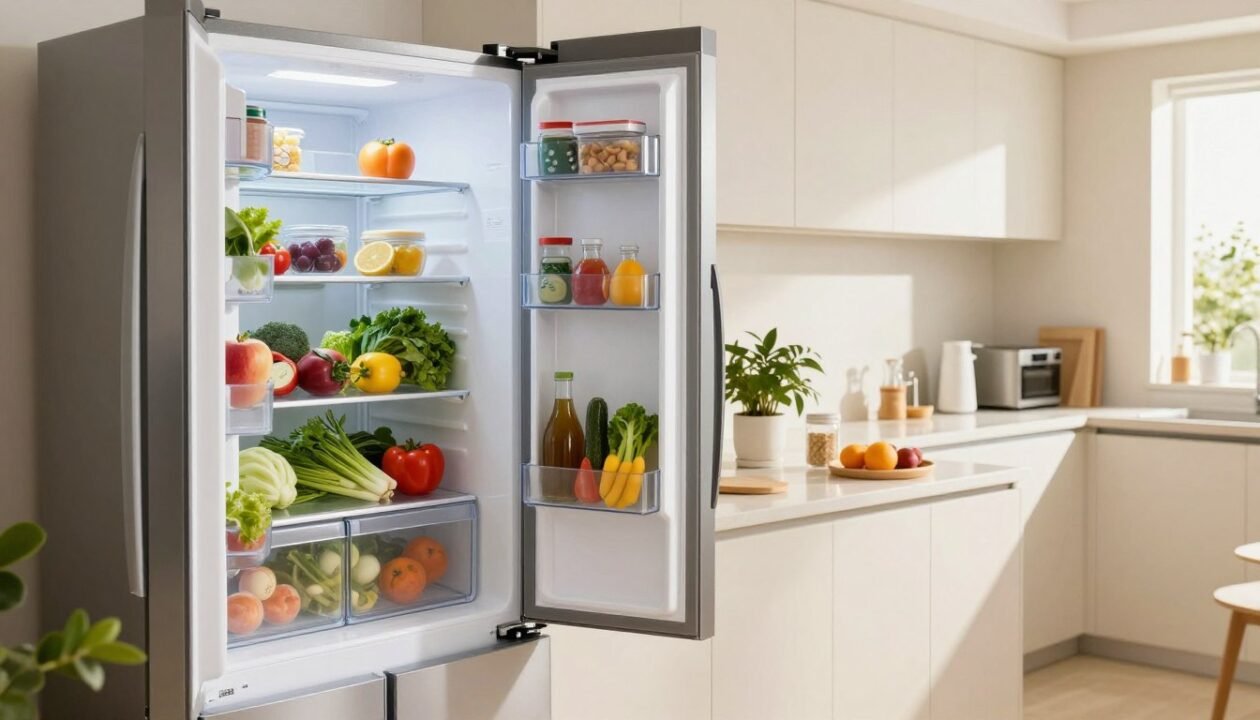 A modern, sustainable refrigerator in a clean and organized kitchen setting, emphasizing energy efficiency and eco-friendly features. The foreground shows the fridge slightly open, revealing neatly arranged fresh vegetables, fruits, and eco-friendly storage containers. In the middle, a sleek countertop with a plant and reusable kitchen accessories provides a vibrant touch, while a soft light streams in from a window, creating a warm atmosphere. The background features bright, neutral-colored walls and energy-efficient appliances, enhancing the overall focus on sustainability. The scene is captured with a wide-angle lens, allowing for a clear view of the organized space while maintaining a cozy, inviting mood. A modern, sustainable refrigerator in a clean and organized kitchen setting, emphasizing energy efficiency and eco-friendly features. The foreground shows the fridge slightly open, revealing neatly arranged fresh vegetables, fruits, and eco-friendly storage containers. In the middle, a sleek countertop with a plant and reusable kitchen accessories provides a vibrant touch, while a soft light streams in from a window, creating a warm atmosphere. The background features bright, neutral-colored walls and energy-efficient appliances, enhancing the overall focus on sustainability. The scene is captured with a wide-angle lens, allowing for a clear view of the organized space while maintaining a cozy, inviting mood.